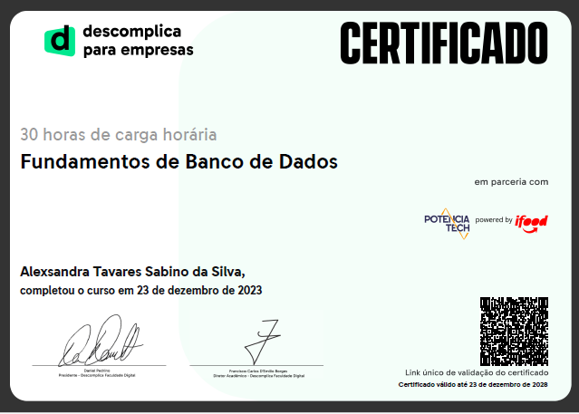 Certificado Fundamentos Banco de Dados - Descomplica, Potencia Tech e IFood